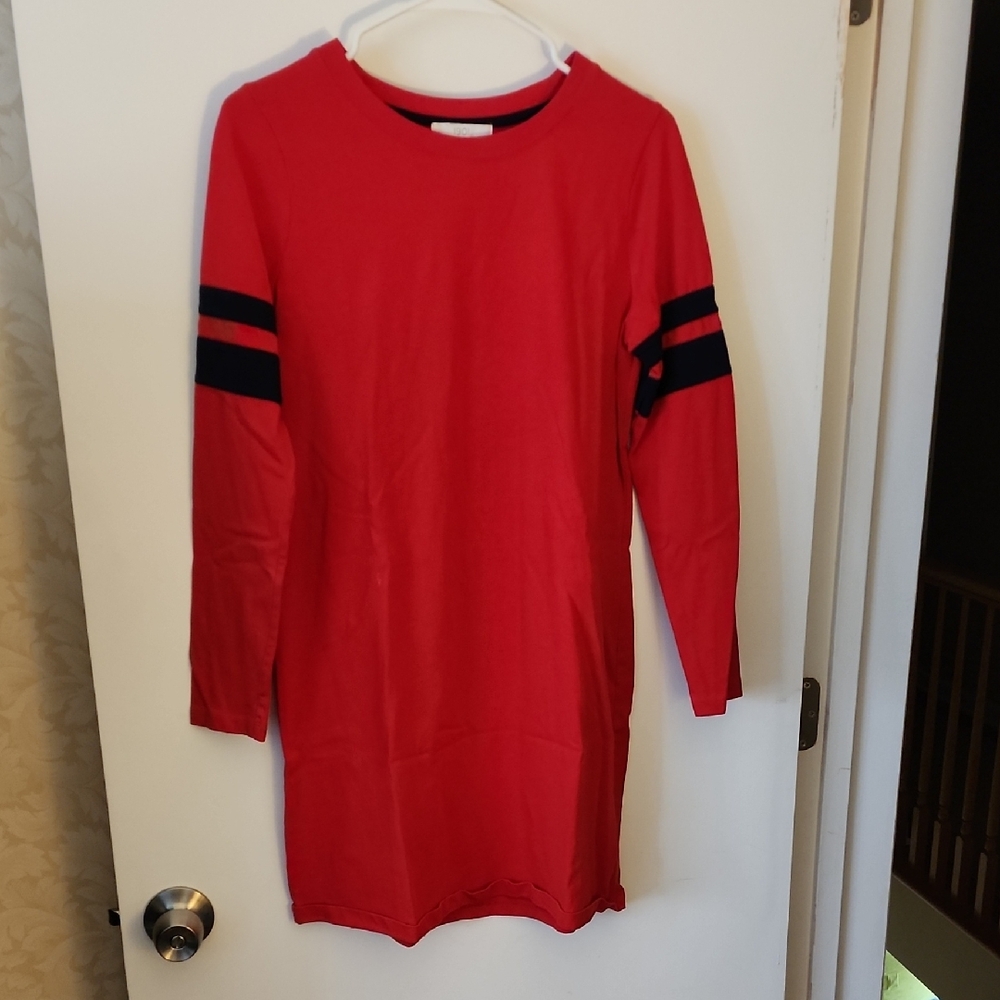 1901 Red Long Sleeve Tee Shirt Dress with Navy Stripes